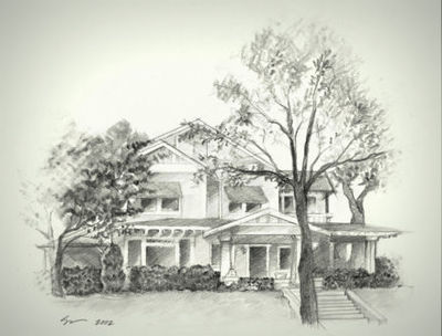 1351 Mistletoe Drive, 2002
Charcoal drawing of 1351 Mistletoe Drive by local artist Sarah Green. The drawing was a gift to Gerry and Meralen Tyson when they moved into the home in 2002, from J.D. Angle and Joel Burns. Drawing courtesy of Meralen Tyson.
