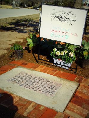 Memorial in Triangle to longtime Mistletoe Heights residents Shirley and John E. Johnson, 2006 Photo by Jim Peipert
