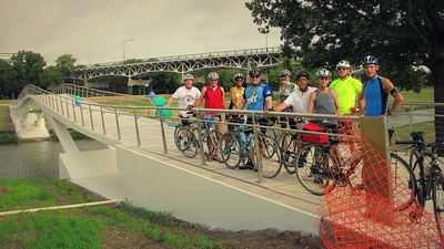 Some riders with the Mistletoe Heights bike group on the newly opened Phyllis J. Tilley Memorial Bridge, Aug. 26, 2012
Photo by Jim Peipert
