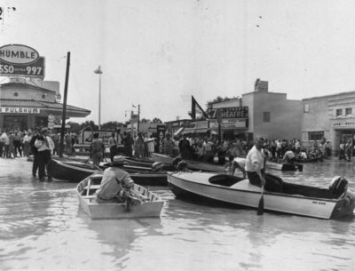 Fort Worth Flood  1949
As seen here, Fort Worth residents used boats to navigate the intersection of Seventh Street, Camp Bowie Boulevard, Bailey Avenue, and University Drive -- almost a mile north and west of the Clear Fork.

http://library.uta.edu/spco/timeframes/Images/photos/flood_1949.jpg
